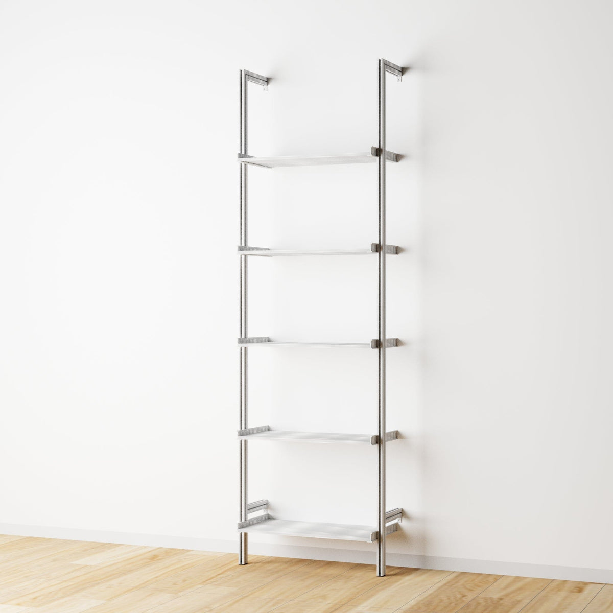 Modular shelving unit with satin shelves and satin vertical posts, one bay, 24-inch shelf width, shown with open shelf levels.