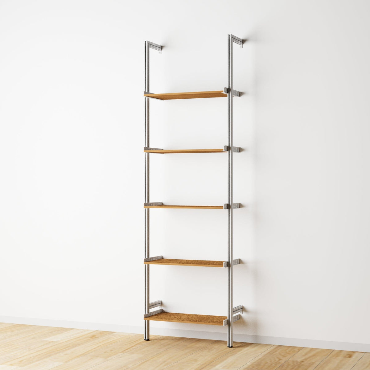 Wood shelf modular shelving unit with Tea for Two shelves and black vertical posts, two bays, shown with open shelf levels.