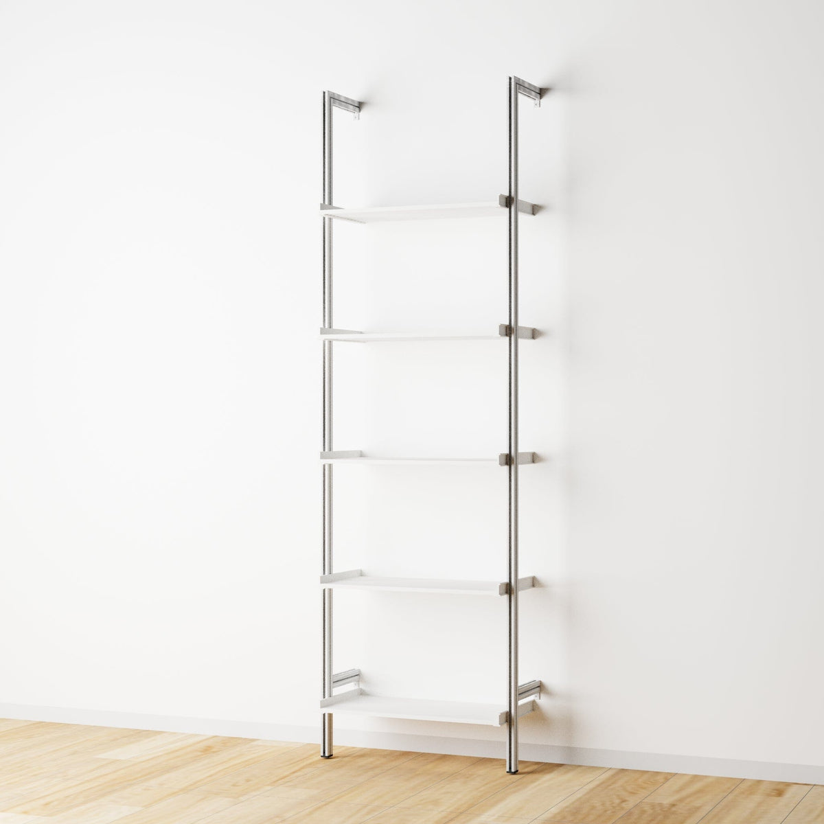 Wood shelf modular shelving unit with white shelves and satin vertical posts, one bay, 24-inch shelf width, shown with open shelf levels.