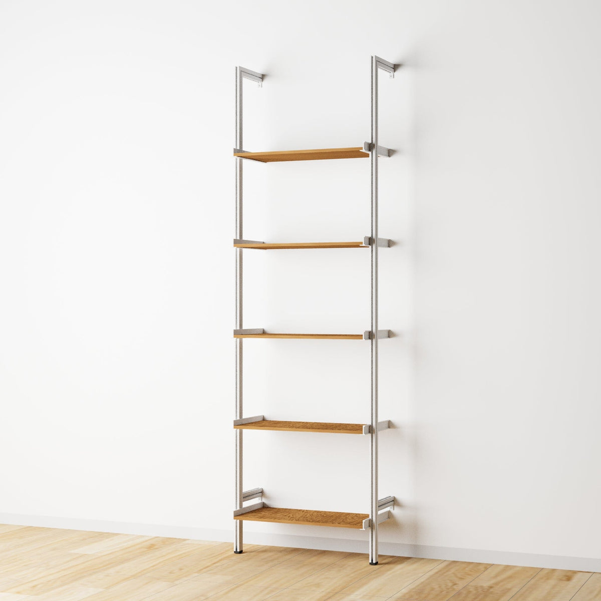 Wood shelf modular shelving unit with white shelves and satin vertical posts, two bays, shown with open shelf levels.