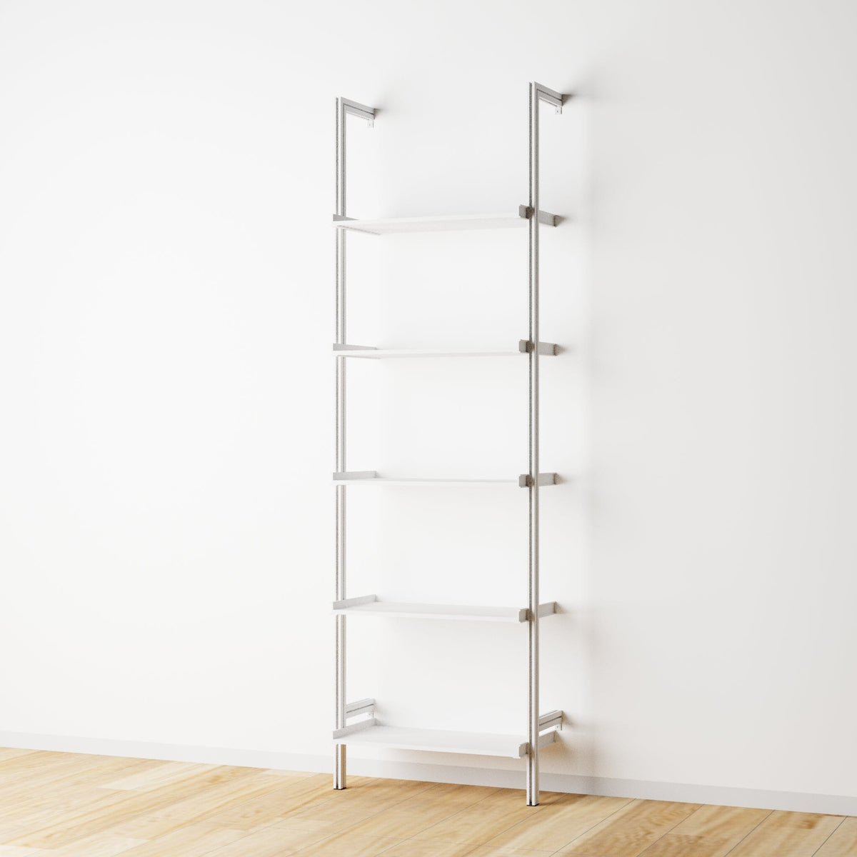 Modular shelving unit with white shelves and white vertical posts, one bay, 24-inch shelf width, shown with open shelf levels.