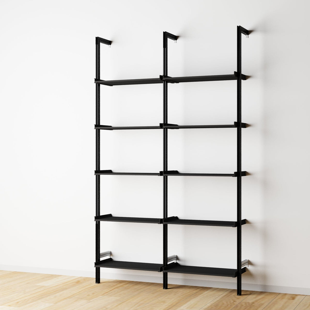 Wood shelf modular shelving unit with black shelves and black vertical posts, two bays, 24-inch shelf width, shown with open shelf levels.