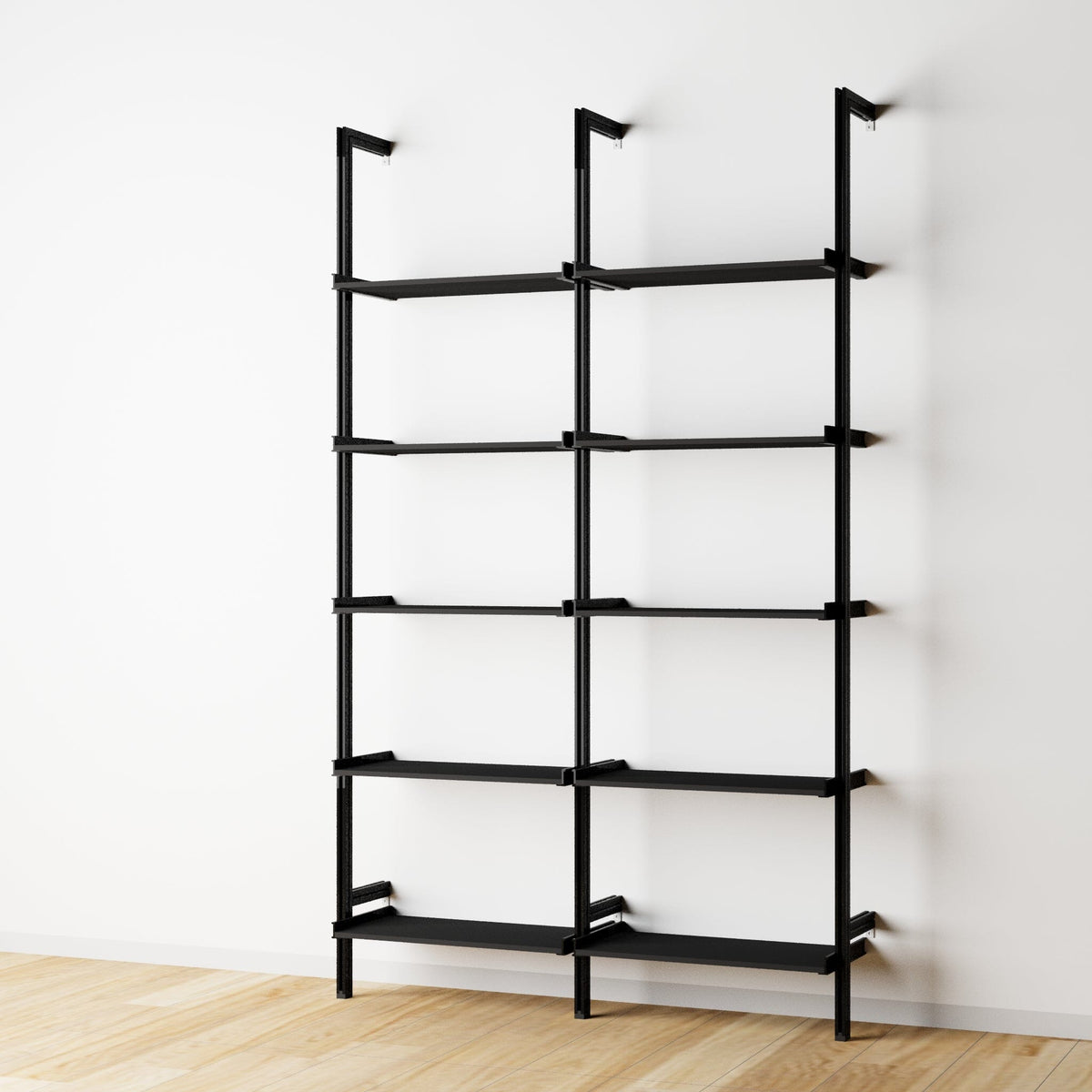 Wood shelf modular shelving unit with black shelves and black vertical posts, two bays, 24-inch shelf width, shown with open shelf levels.