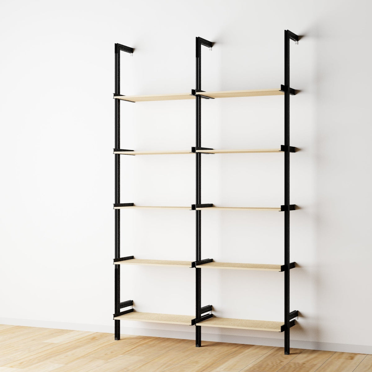 Wood shelf modular shelving unit with Casting Light shelves and black vertical posts, two bays, 24-inch shelf width, shown with open shelf levels.