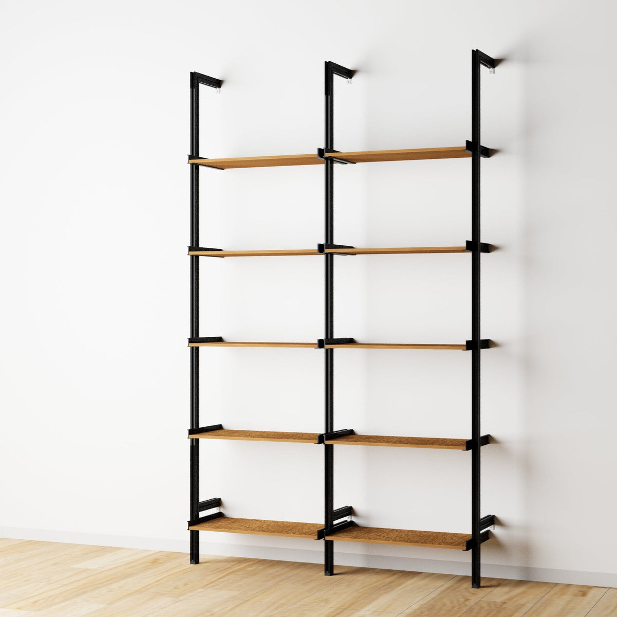 Wood shelf modular shelving unit with Tea for Two shelves and black vertical posts, two bays, 24-inch shelf width, shown with open shelf levels.