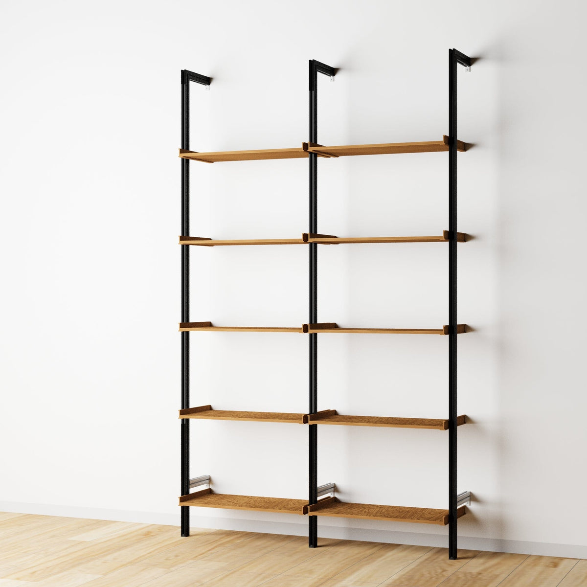 Wood shelf modular shelving unit with Tea for Two shelves and satin vertical posts, two bays, shown with open shelf levels.
