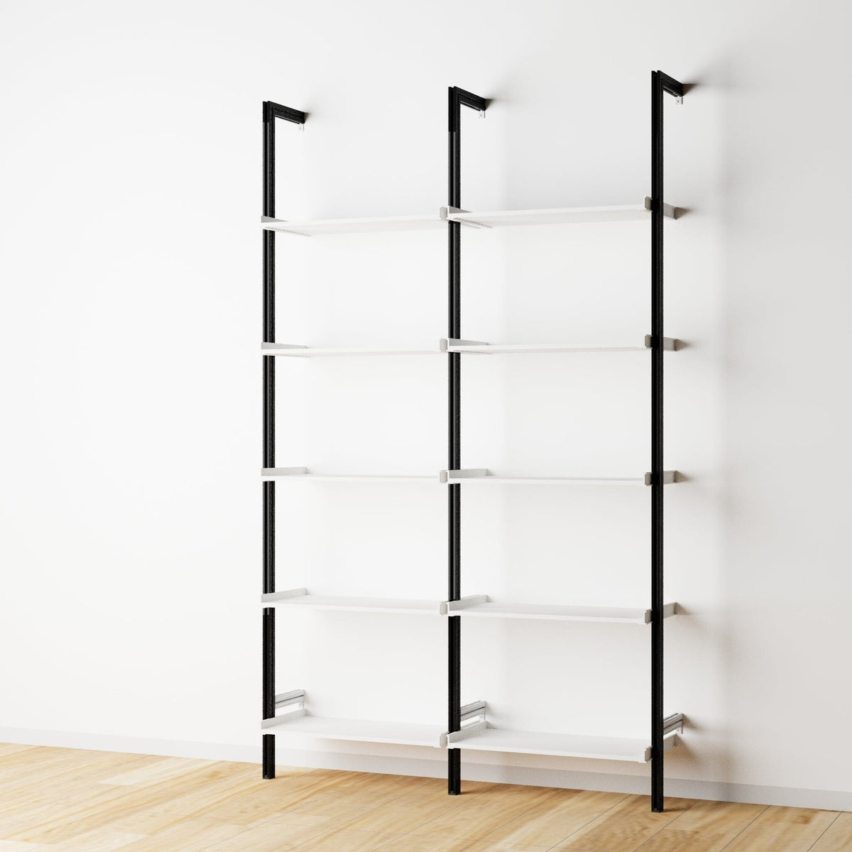 Wood shelf modular shelving unit with white shelves and black vertical posts, two bays, 24-inch shelf width, shown with open shelf levels.