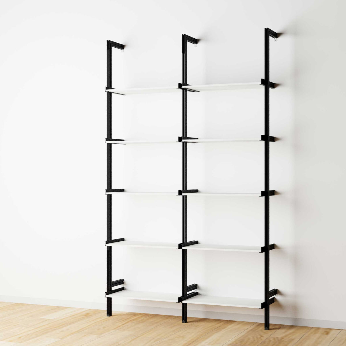 Modular shelving extension with white shelves and black vertical post, two bays, 24-inch shelf width, shown with open shelf levels.