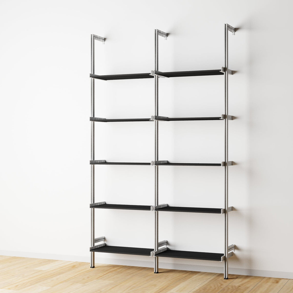 Wood shelf modular shelving unit with black shelves and satin vertical posts, two bays, 24-inch shelf width, shown with open shelf levels.