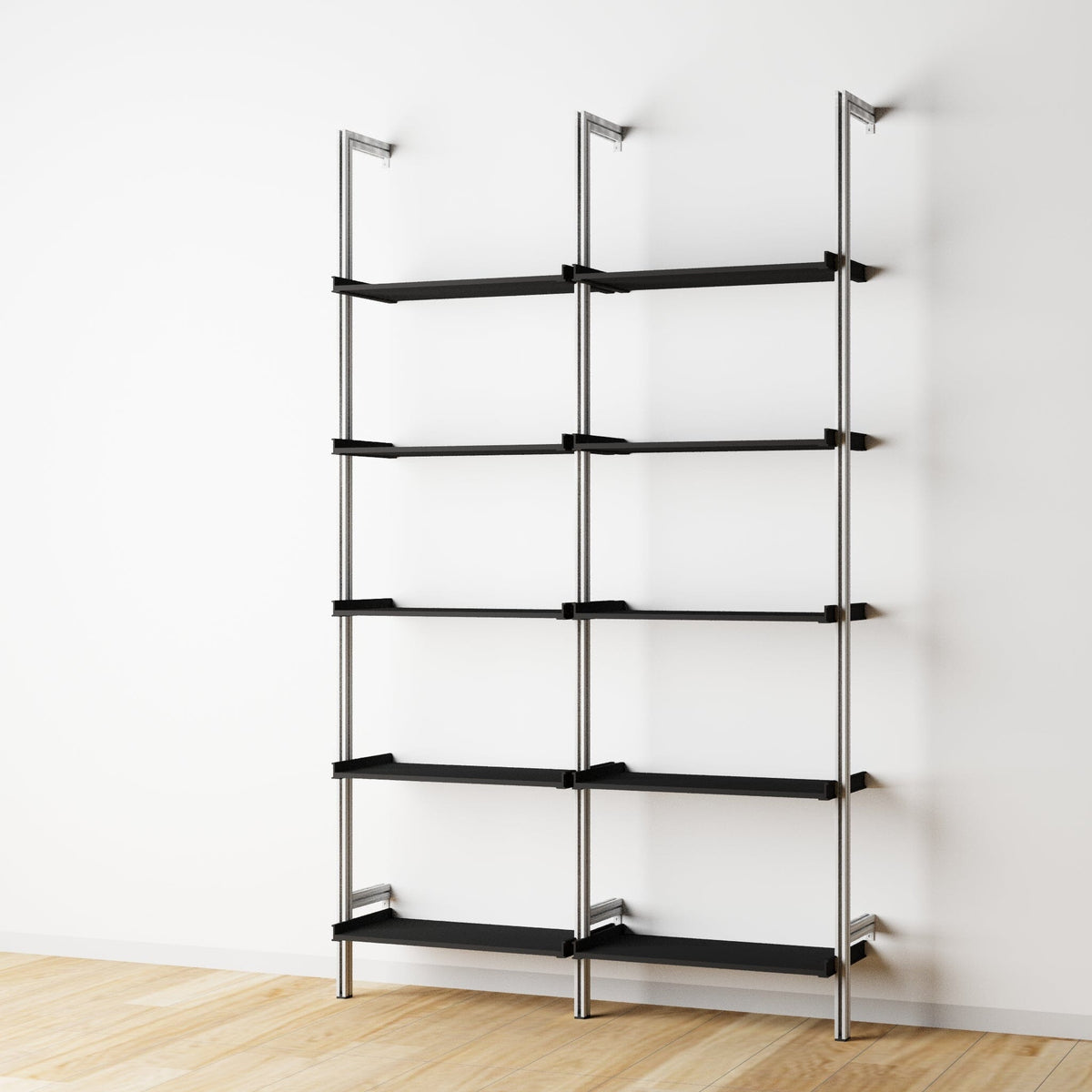 Wood shelf modular shelving unit with black shelves and satin vertical posts, two bays, 24-inch shelf width, shown with open shelf levels.