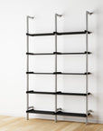 Wood shelf modular shelving unit with black shelves and satin vertical posts, two bays, 24-inch shelf width, shown with open shelf levels.