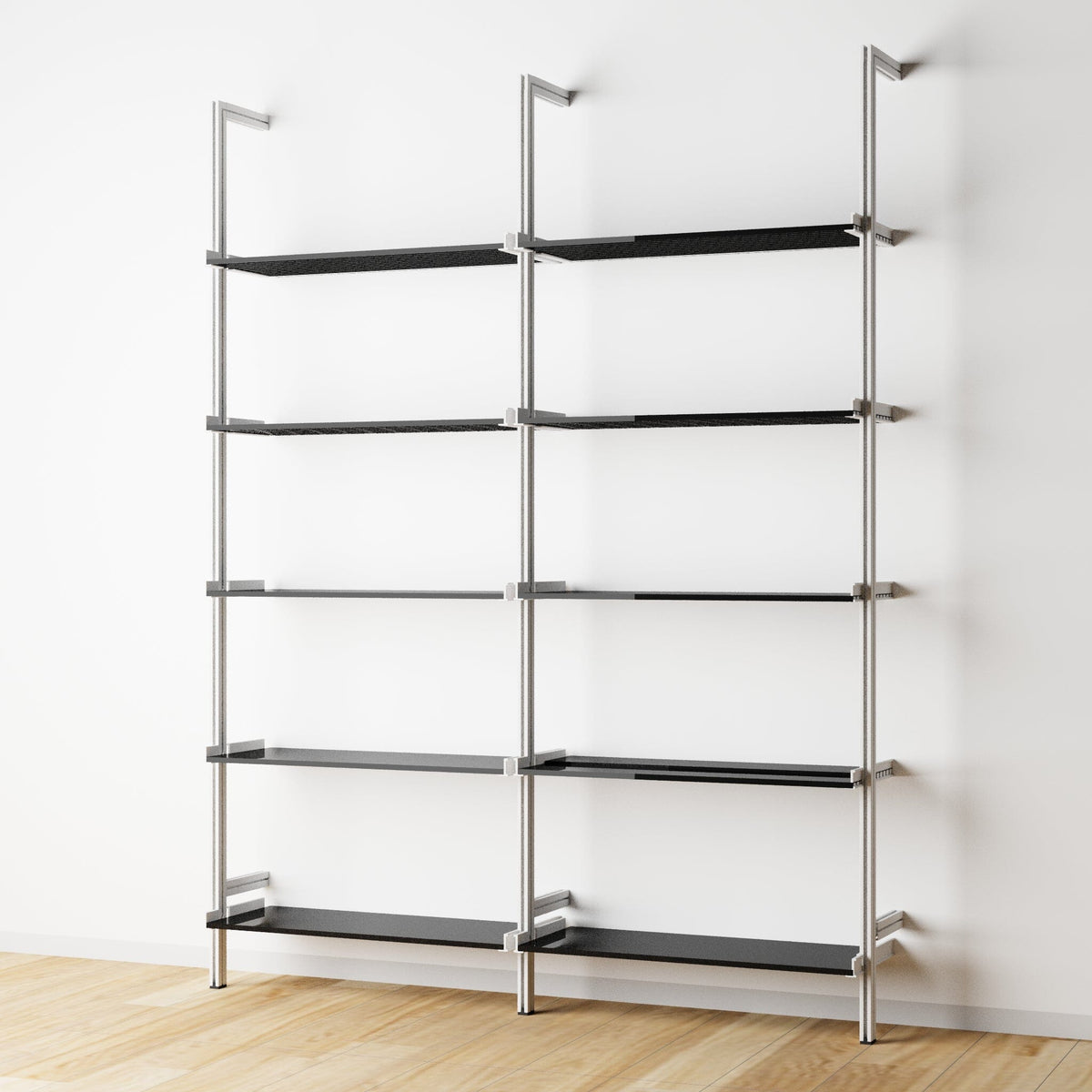 Modular shelving unit with black shelves and satin vertical posts, two bays, 24-inch shelf width, shown with open shelf levels.