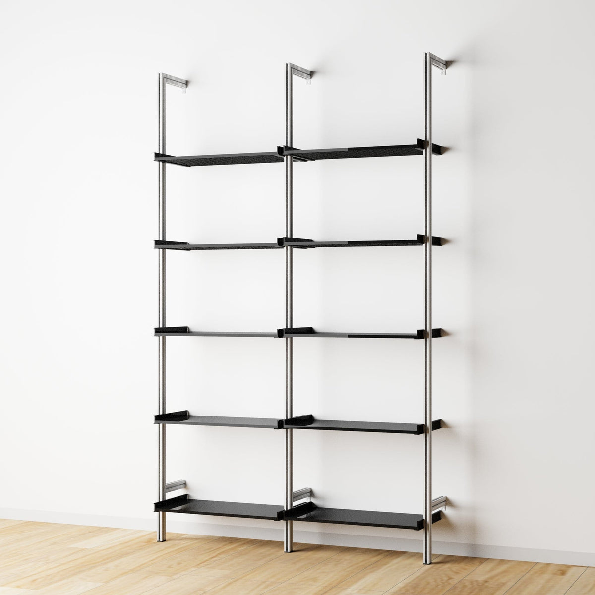 Modular shelving extension with black shelves and satin vertical post, two bays, 24-inch shelf width, shown with open shelf levels.