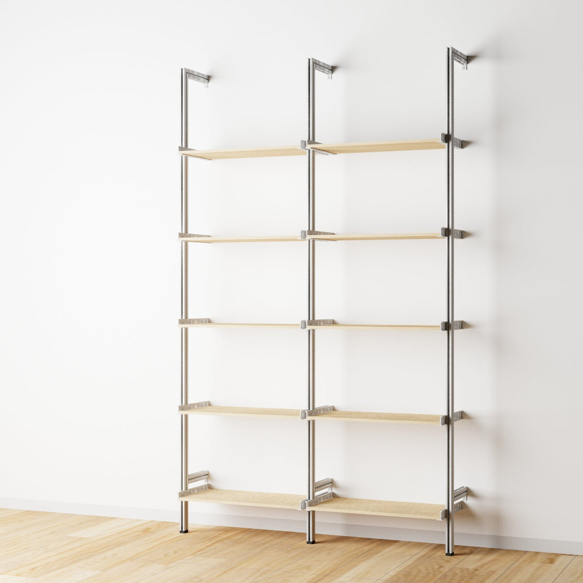 Wood shelf modular shelving extension with Casting Light shelves and satin vertical post, two bays, 24-inch shelf width, shown with open shelf levels.