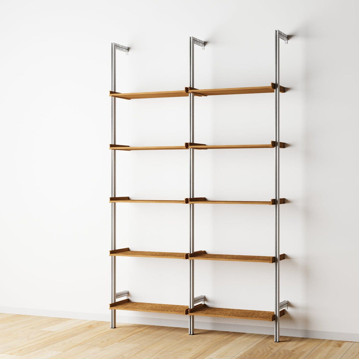 Wood shelf modular shelving unit with white shelves and white vertical posts, two bays, shown with open shelf levels.