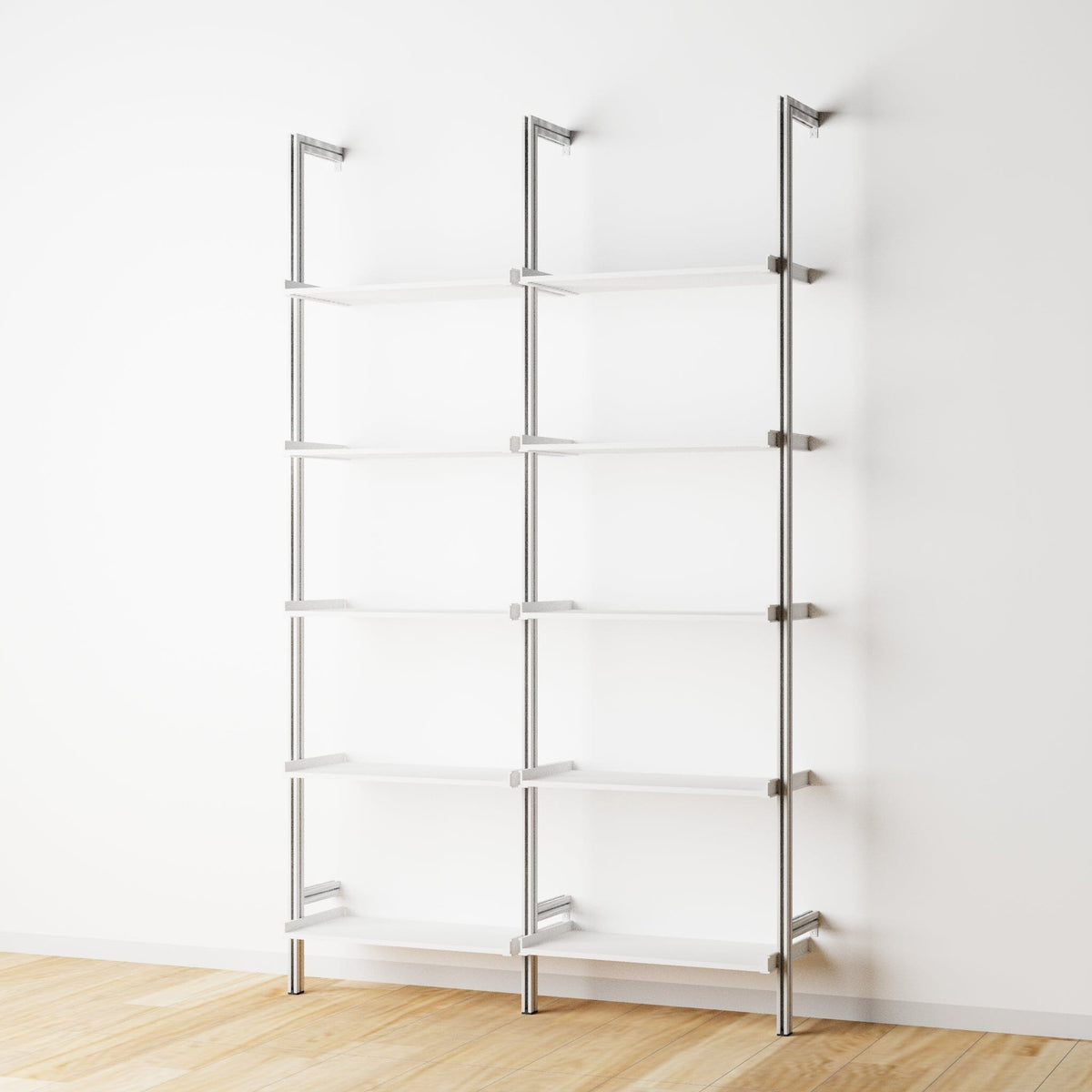 Modular shelving extension with white shelves and satin vertical post, two bays, 24-inch shelf width, shown with open shelf levels.