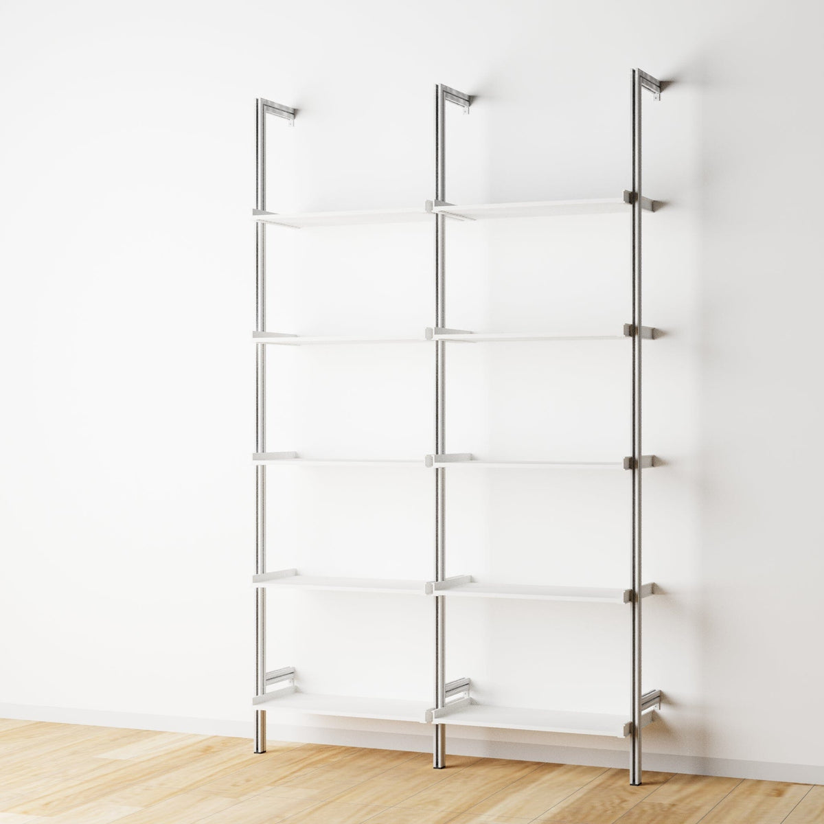 Wood shelf modular shelving unit with white shelves and satin vertical posts, two bays, 24-inch shelf width, shown with open shelf levels.