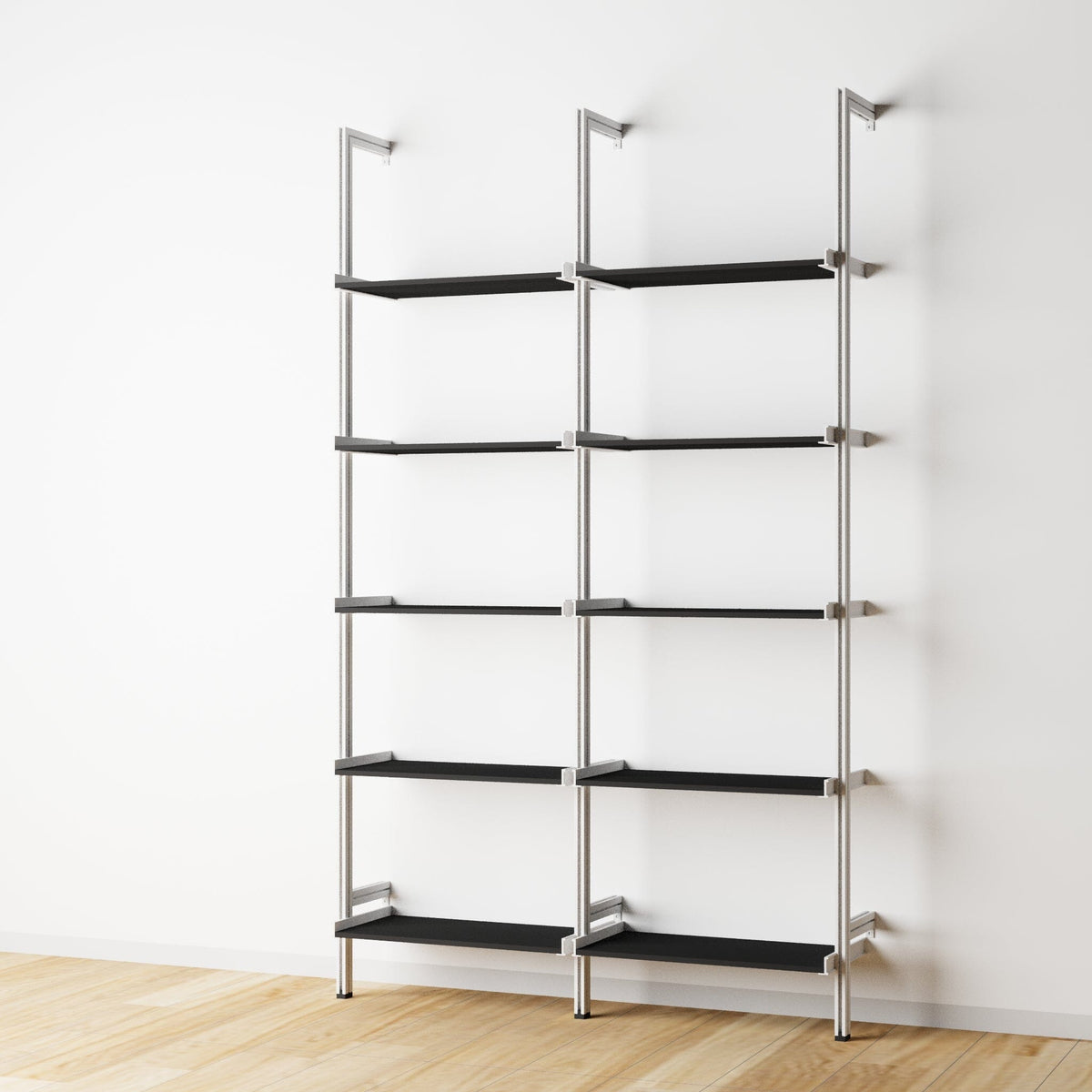 Wood shelf modular shelving unit with black shelves and white vertical posts, two bays, 24-inch shelf width, shown with open shelf levels.