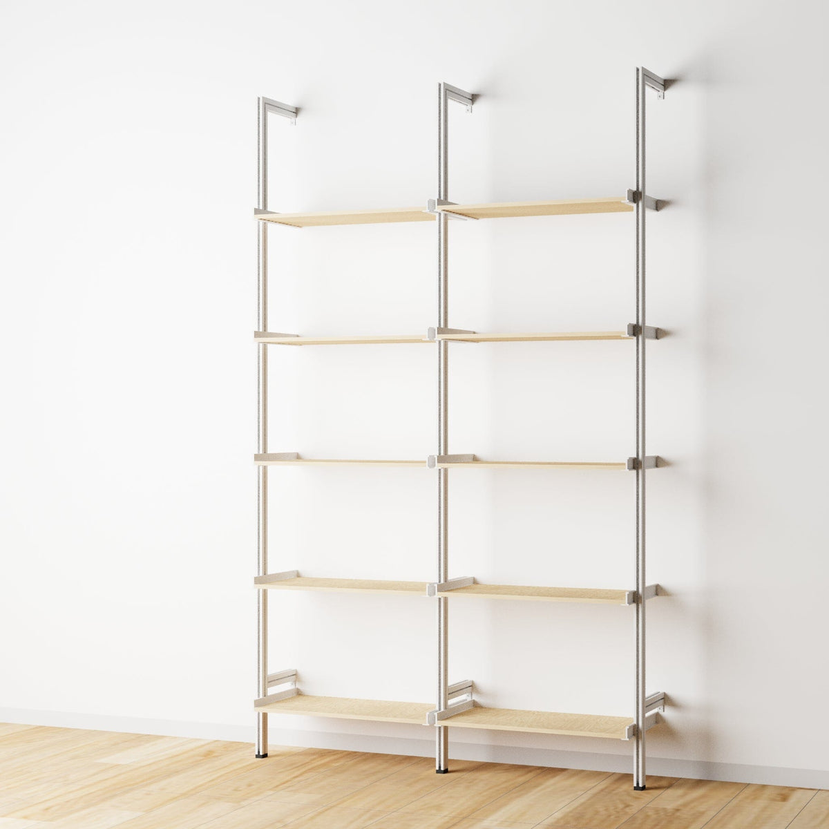 Wood shelf modular shelving unit with Casting Light shelves and white vertical posts, two bays, 24-inch shelf width, shown with open shelf levels.