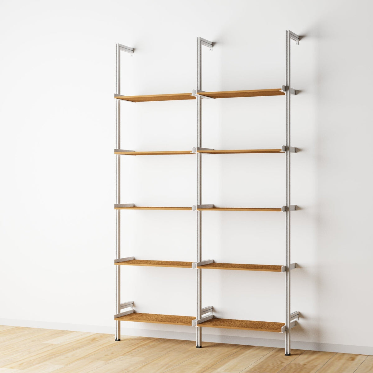 Wood shelf modular shelving unit with Tea for Two shelves and white vertical posts, two bays, 24-inch shelf width, shown with open shelf levels.