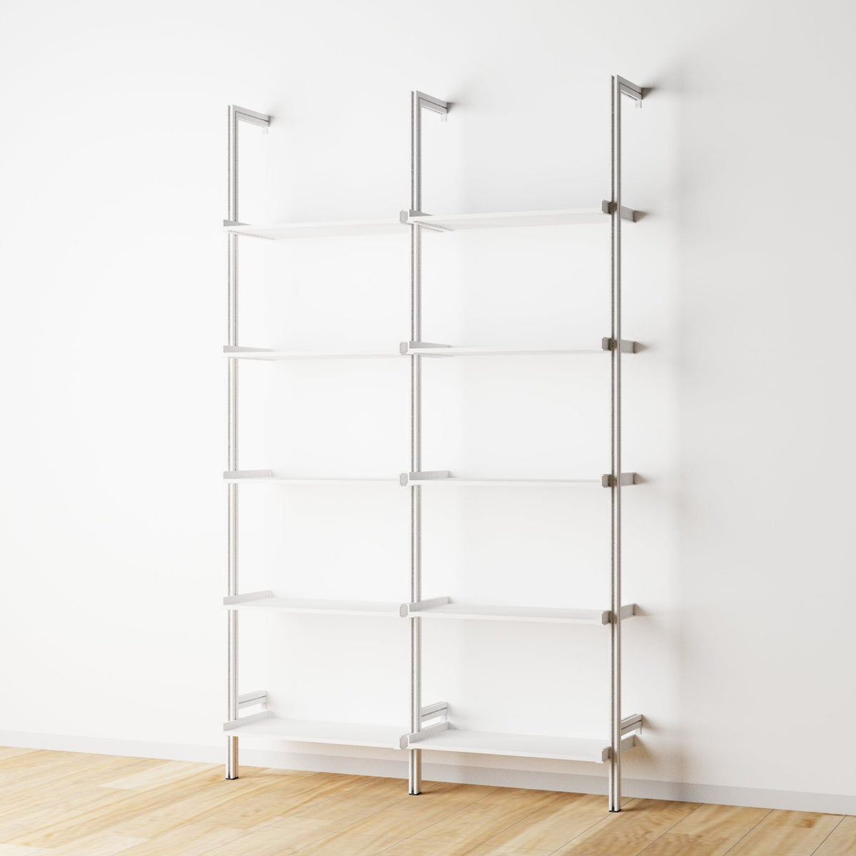 Modular shelving extension with white shelves and white vertical post, two bays, 24-inch shelf width, shown with open shelf levels.