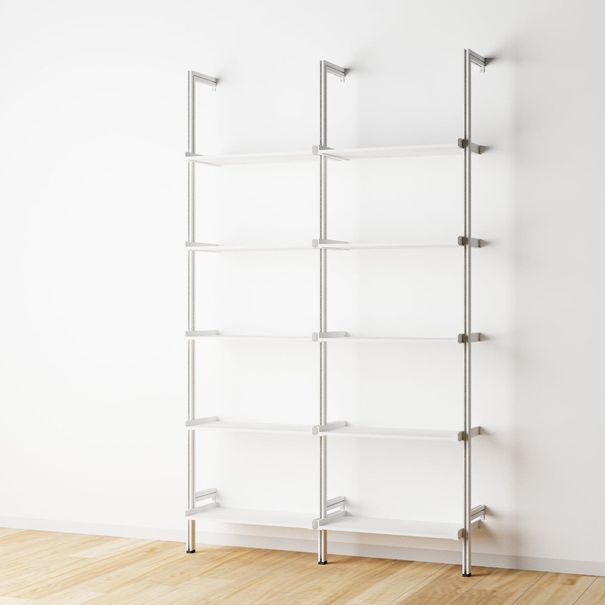 Wood shelf modular shelving unit with white shelves and white vertical posts, two bays, 24-inch shelf width, shown with open shelf levels.