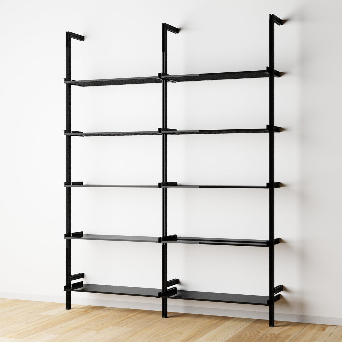 Modular shelving unit with black shelves and black vertical posts, two bays, 31-inch shelf width, shown with open shelf levels.