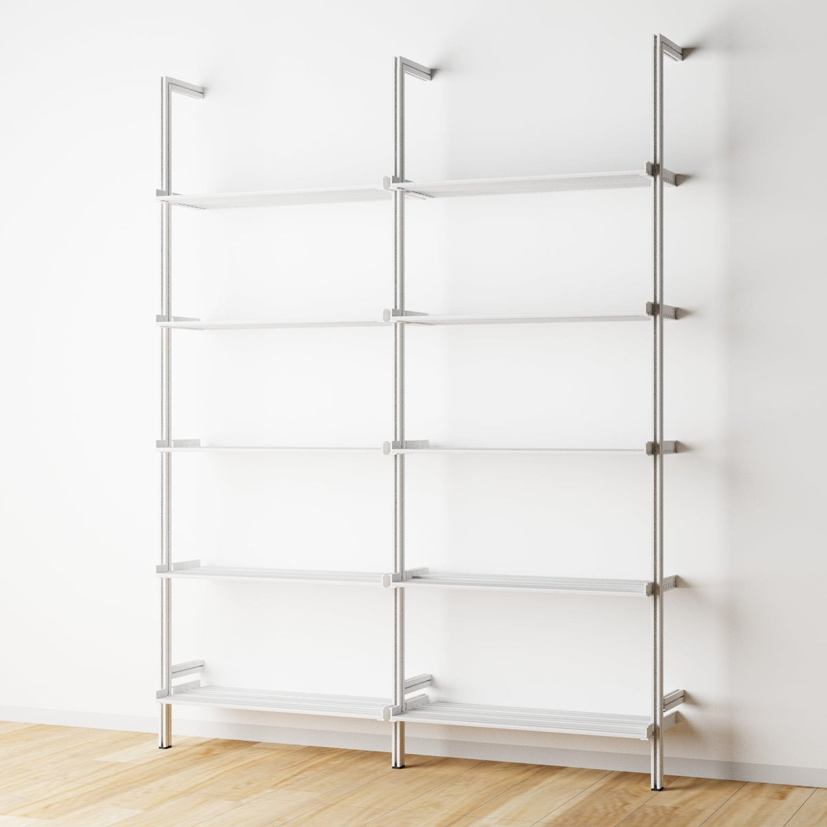 Modular shelving unit with satin shelves and satin vertical posts, two bays, 31-inch shelf width, shown with open shelf levels.