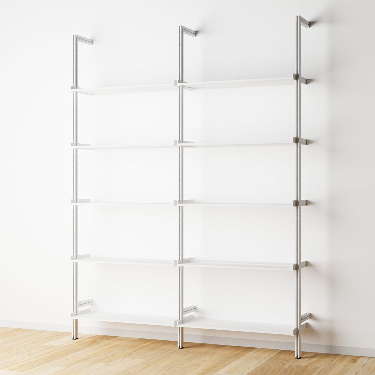 Modular shelving unit with white shelves and white vertical posts, two bays, 31-inch shelf width, shown with open shelf levels.