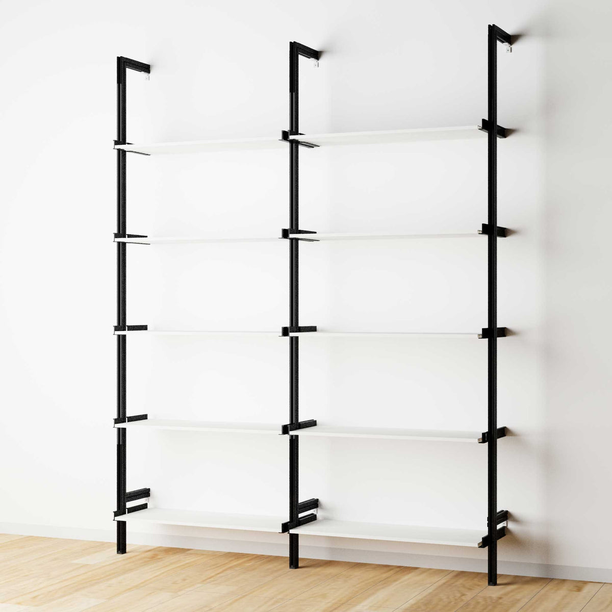 Modular shelving extension with white shelves and white vertical post, two bays, 31-inch shelf width, shown with open shelf levels.