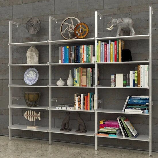 Modular shelving unit with black shelves and black vertical posts, three bays, shown with open shelf levels.