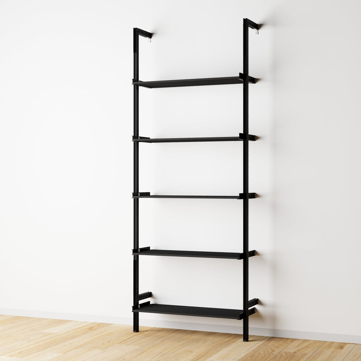 Wood shelf modular shelving unit with black shelves and black vertical posts, one bay, 33-inch shelf width, shown with open shelf levels.