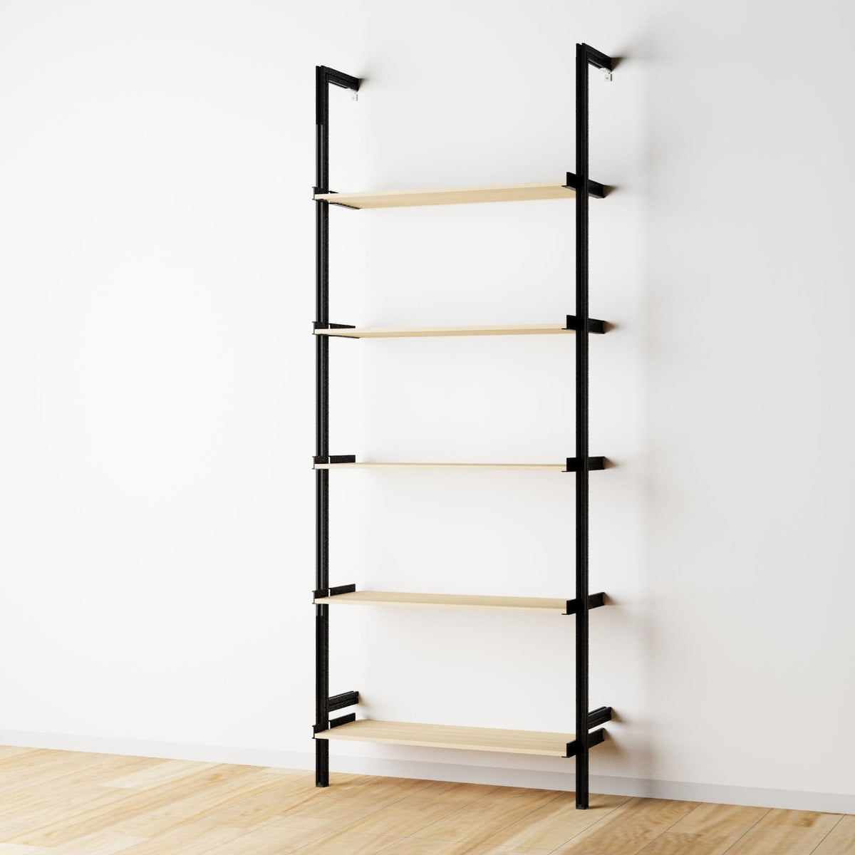 Wood shelf modular shelving unit with Casting Light shelves and black vertical posts, one bay, 33-inch shelf width, shown with open shelf levels.