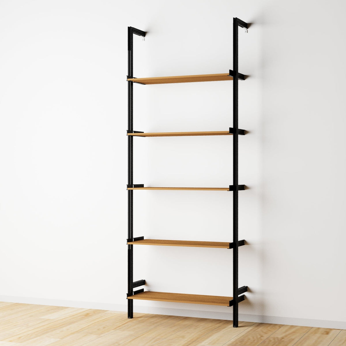 Wood shelf modular shelving unit with Tea for Two shelves and black vertical posts, one bay, 33-inch shelf width, shown with open shelf levels.