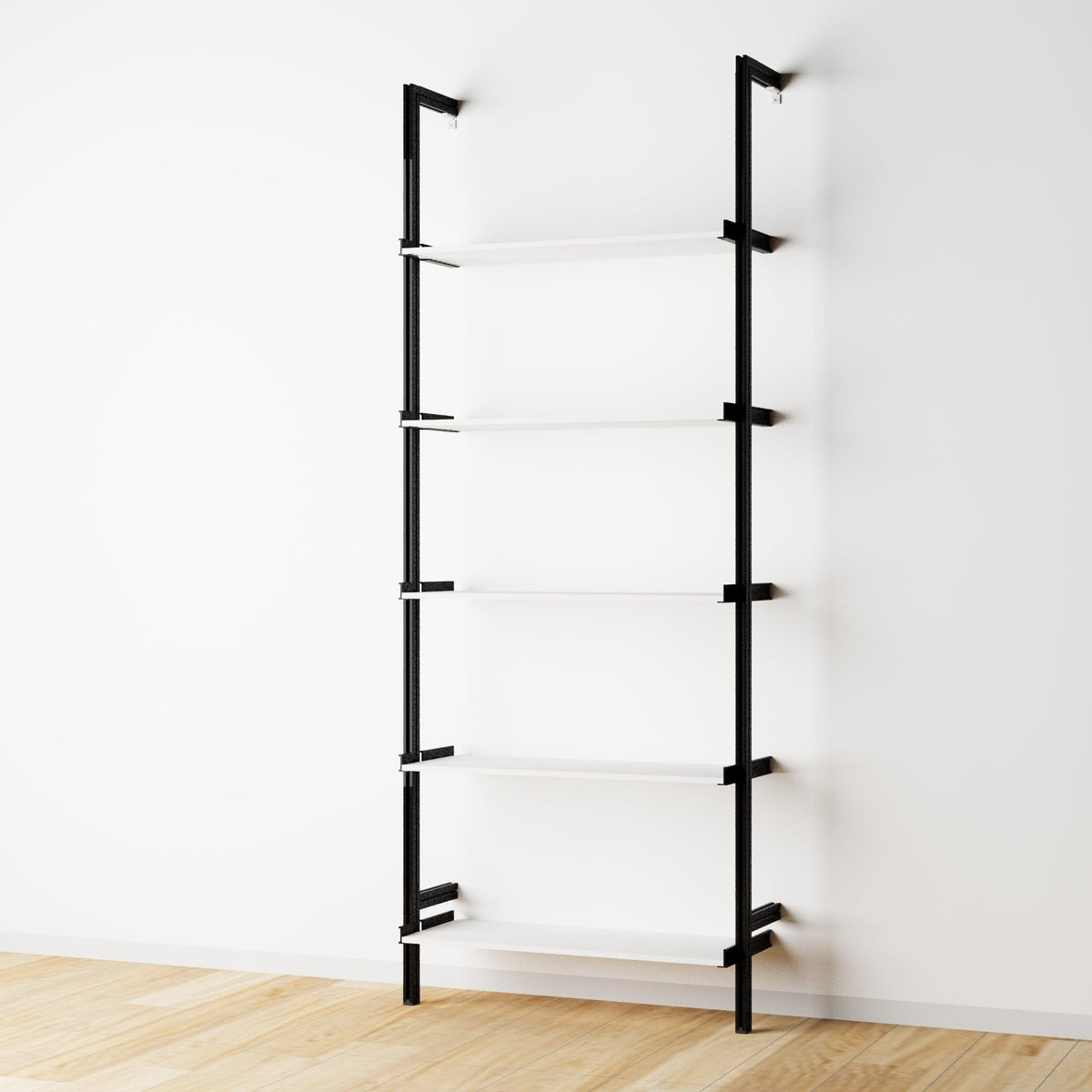 Wood shelf modular shelving unit with white shelves and black vertical posts, one bay, 33-inch shelf width, shown with open shelf levels.
