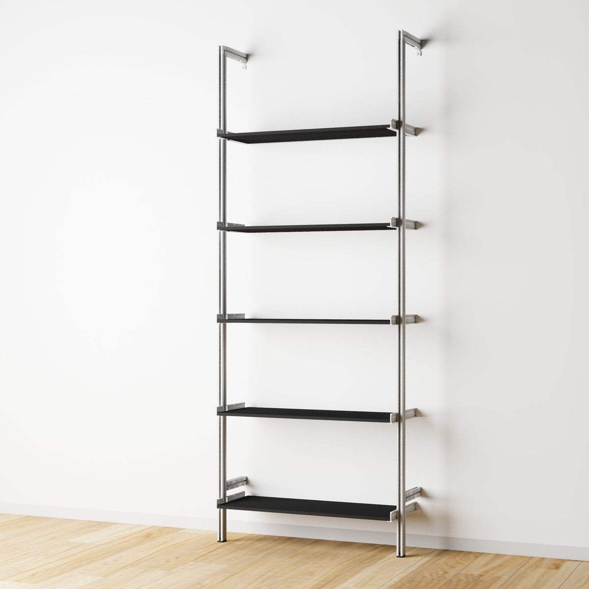 Wood shelf modular shelving unit with black shelves and satin vertical posts, one bay, 33-inch shelf width, shown with open shelf levels.