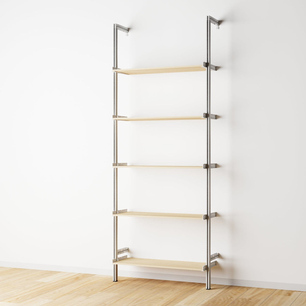 Wood shelf modular shelving unit with Casting Light shelves and satin vertical posts, one bay, 33-inch shelf width, shown with open shelf levels.