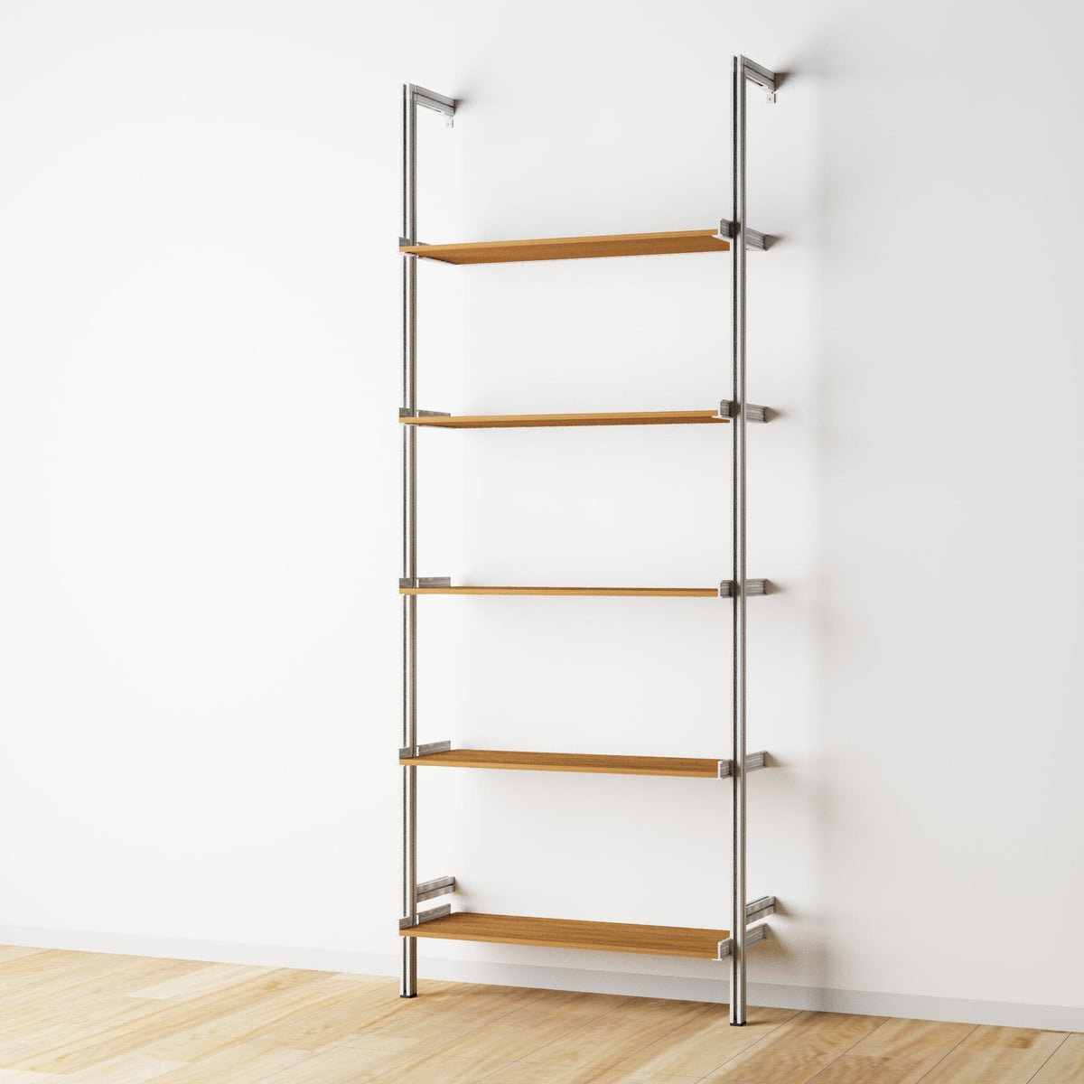 Wood shelf modular shelving unit with Tea for Two shelves and satin vertical posts, one bay, 33-inch shelf width, shown with open shelf levels.