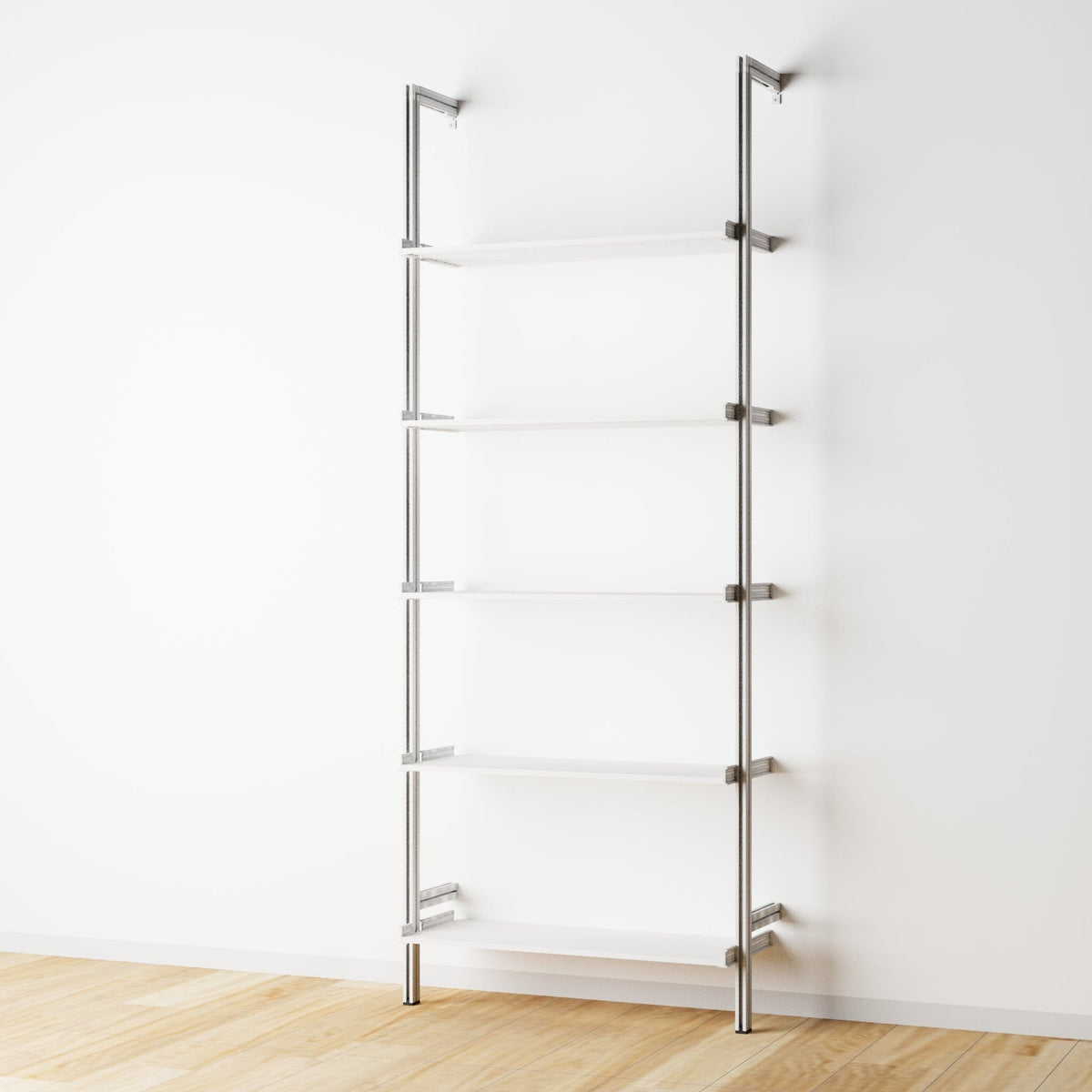 Wood shelf modular shelving unit with white shelves and satin vertical posts, one bay, 33-inch shelf width, shown with open shelf levels.