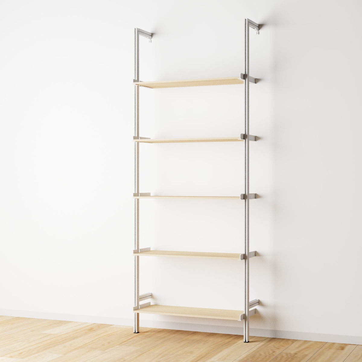 Wood shelf modular shelving unit with Casting Light shelves and white vertical posts, one bay, 33-inch shelf width, shown with open shelf levels.