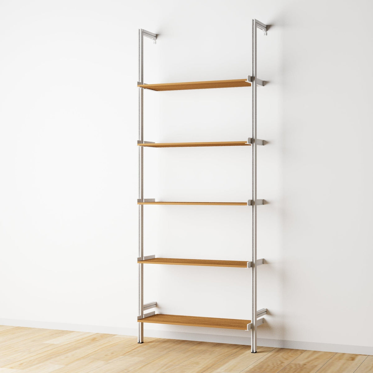 Wood shelf modular shelving unit with Tea for Two shelves and white vertical posts, one bay, 33-inch shelf width, shown with open shelf levels.
