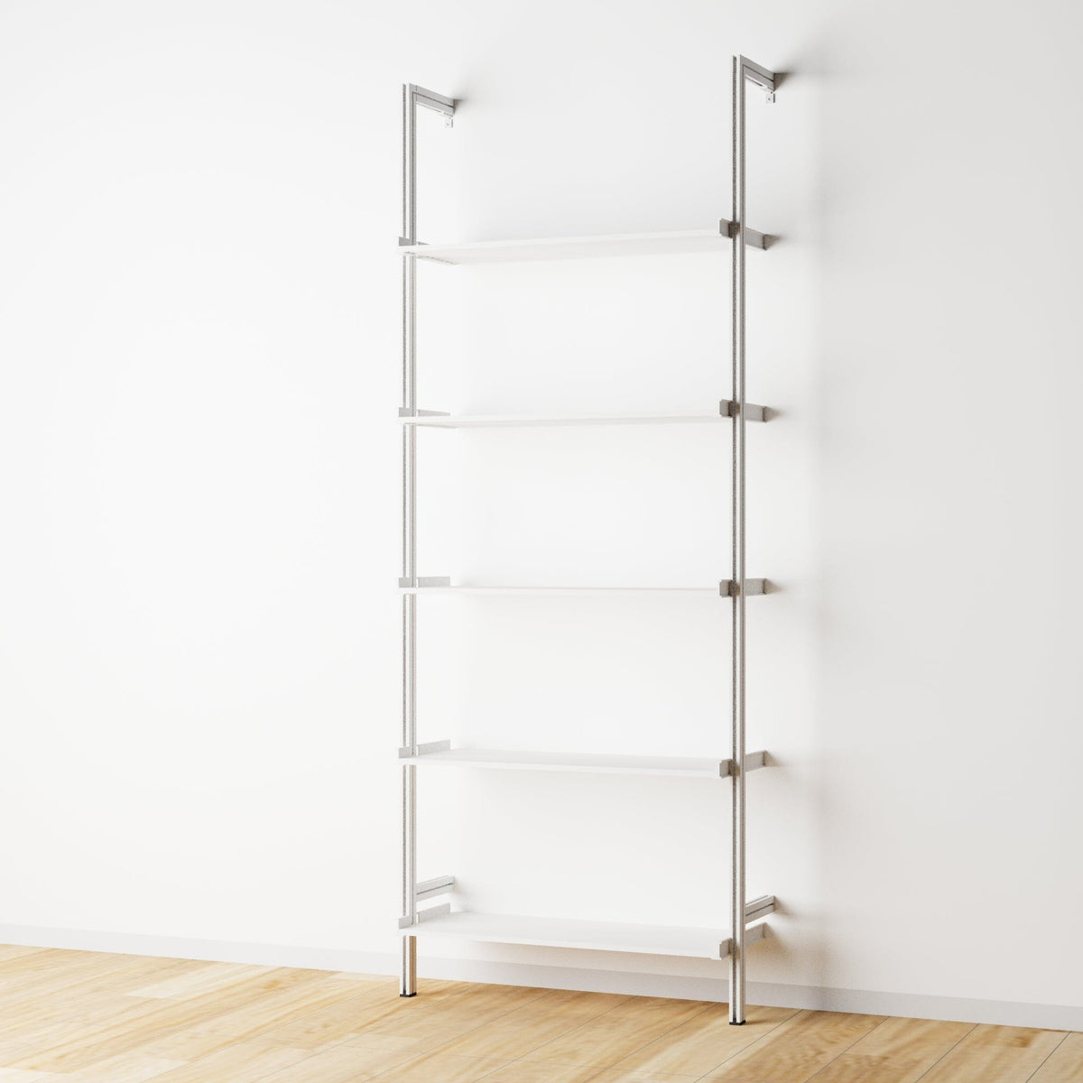 Wood shelf modular shelving unit with white shelves and white vertical posts, one bay, 33-inch shelf width, shown with open shelf levels.