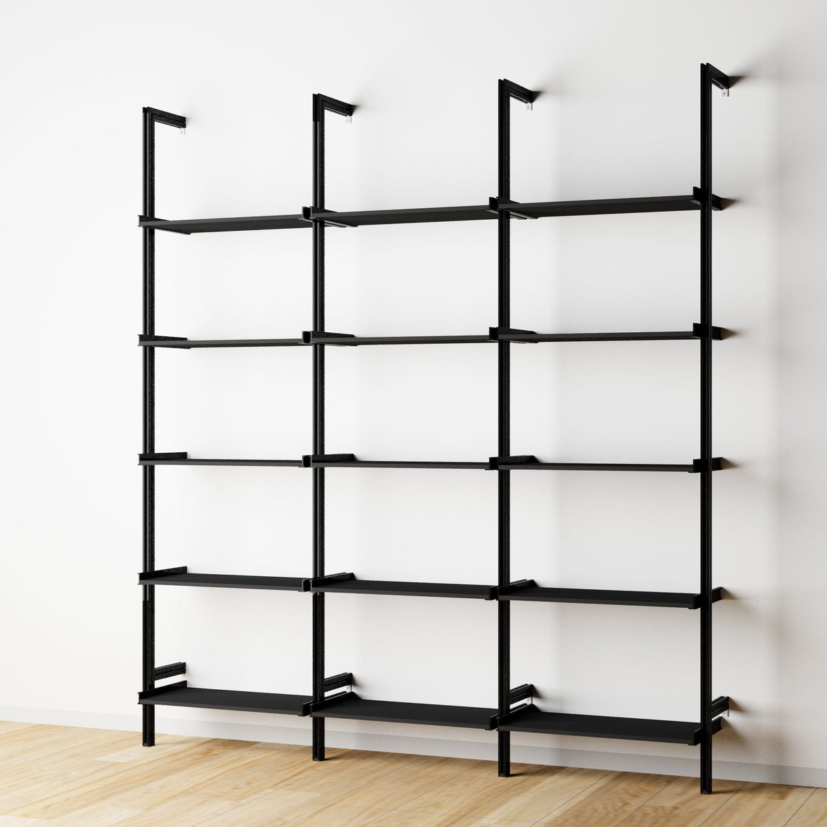 Wood shelf modular shelving unit with black shelves and black vertical posts, three bays, 24-inch shelf width, shown with open shelf levels.