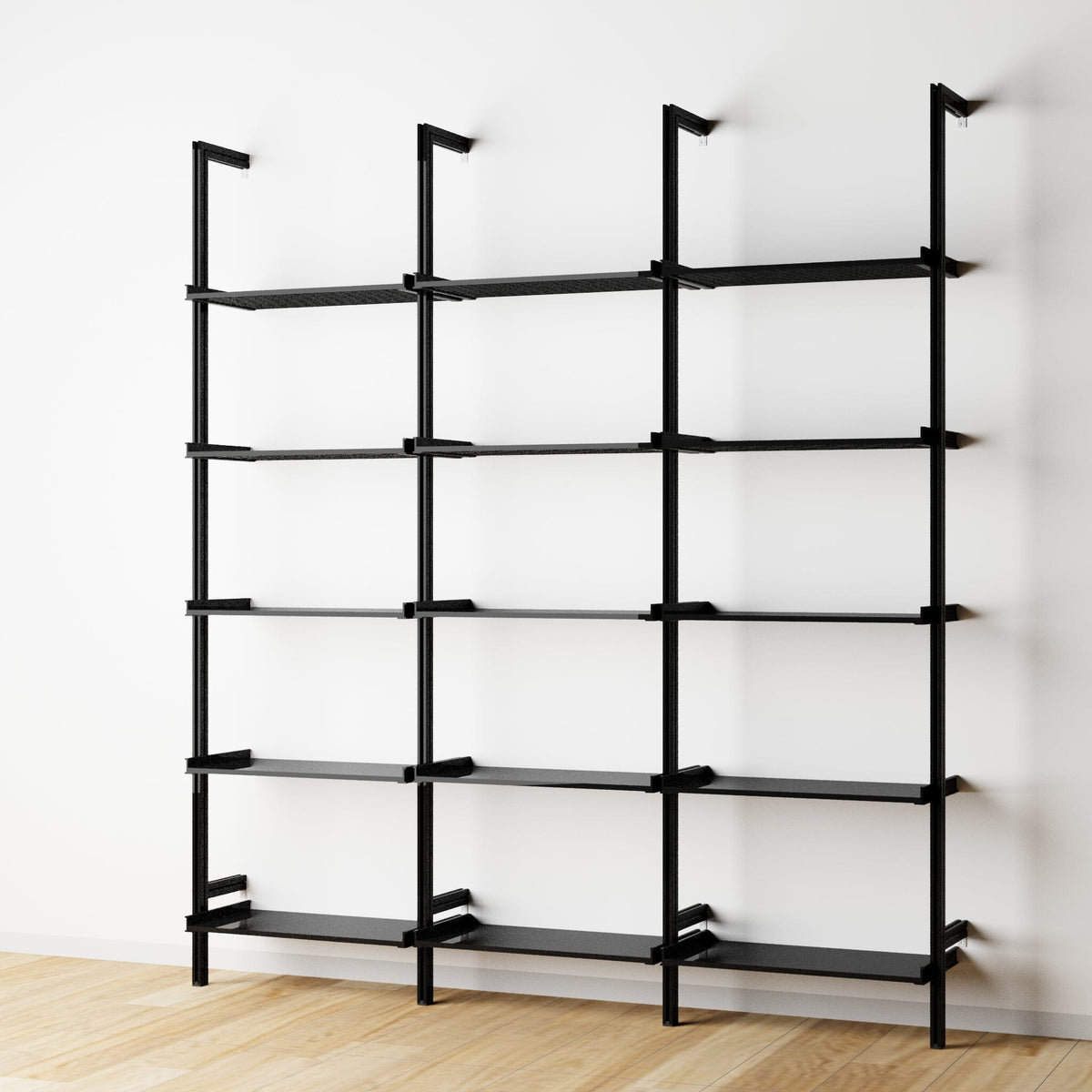 Modular shelving extension with black shelves and black vertical post, three bays, 24-inch shelf width, shown with open shelf levels.