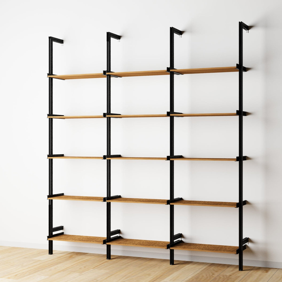 Wood shelf modular shelving unit with Tea for Two shelves and black vertical posts, three bays, 24-inch shelf width, shown with open shelf levels.