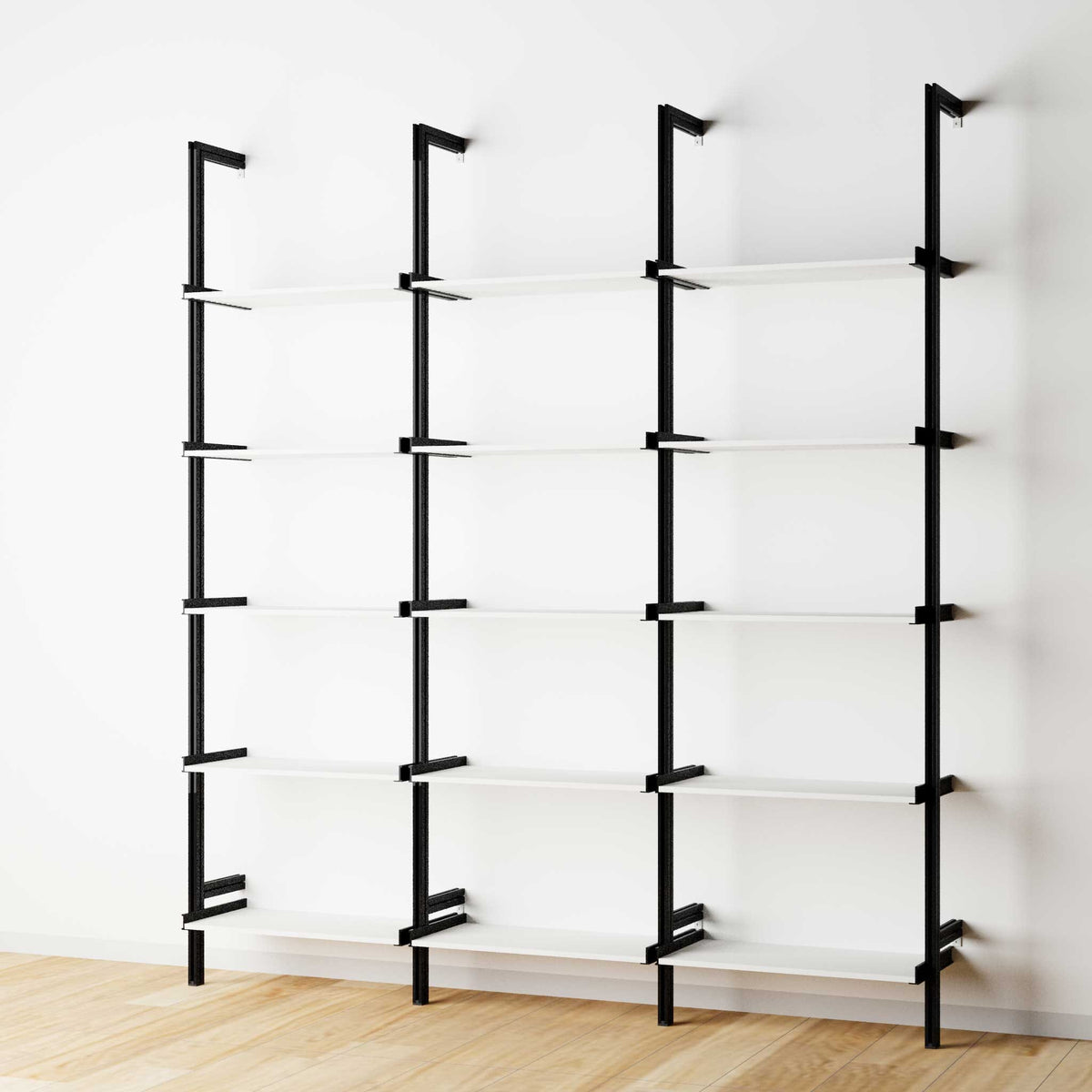 Modular shelving extension with white shelves and black vertical post, three bays, 24-inch shelf width, shown with open shelf levels.