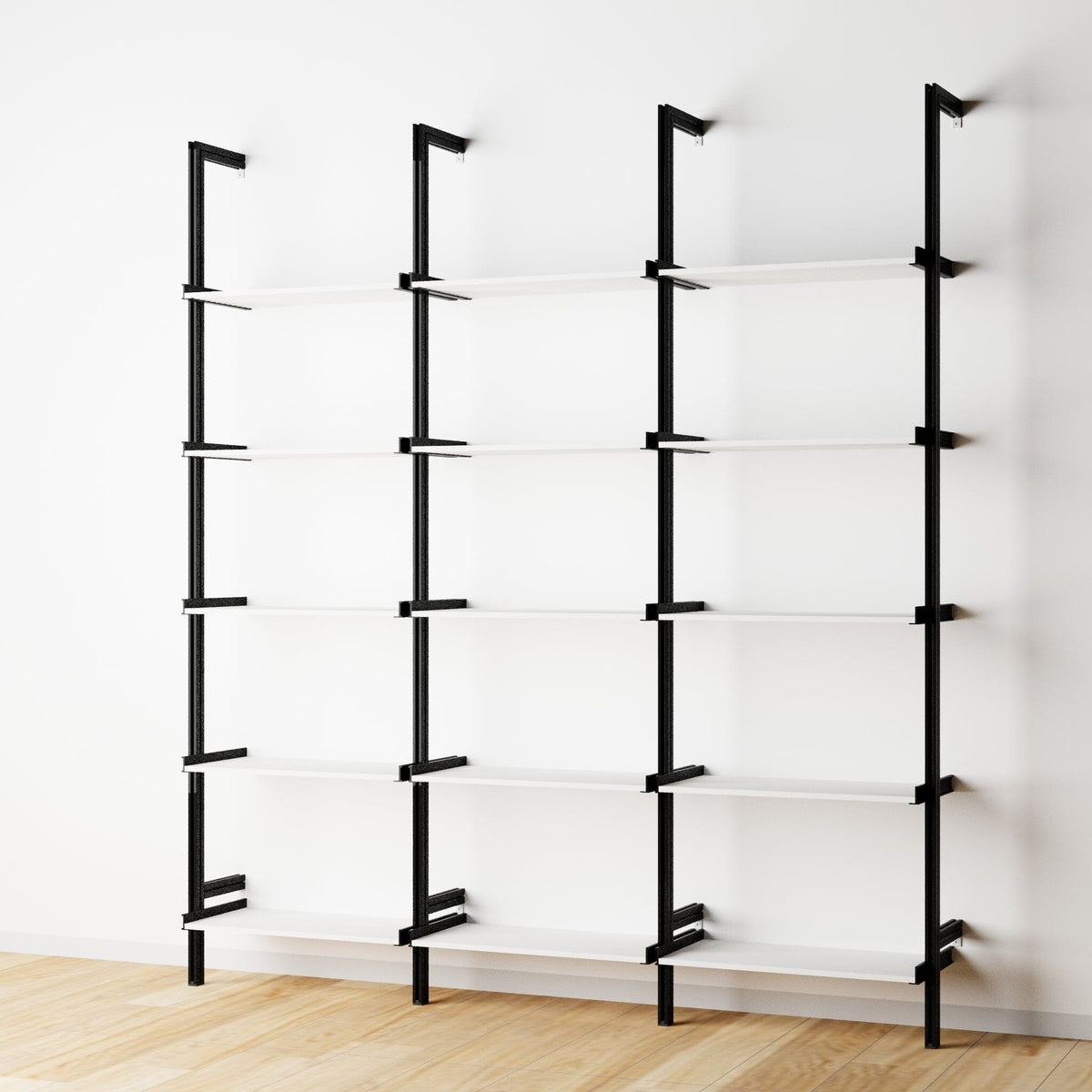Wood shelf modular shelving unit with white shelves and black vertical posts, three bays, 24-inch shelf width, shown with open shelf levels.