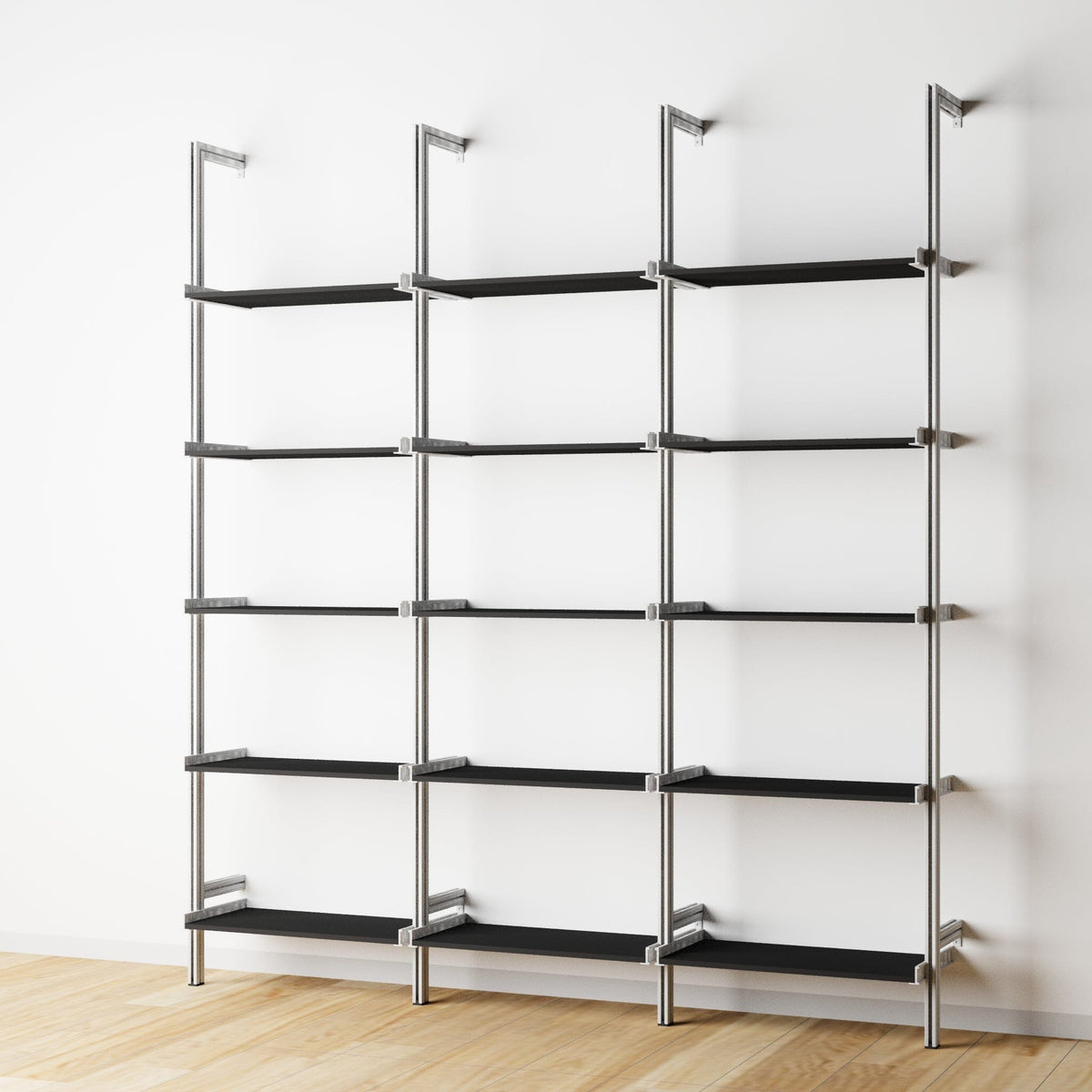 Wood shelf modular shelving unit with black shelves and satin vertical posts, three bays, 24-inch shelf width, shown with open shelf levels.