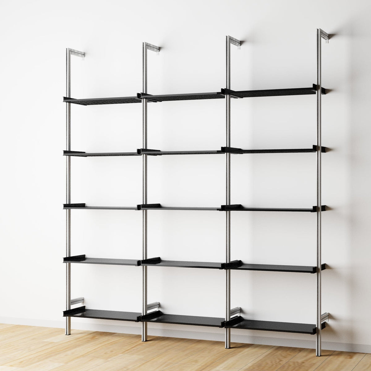 Modular shelving extension with black shelves and satin vertical post, three bays, 24-inch shelf width, shown with open shelf levels.