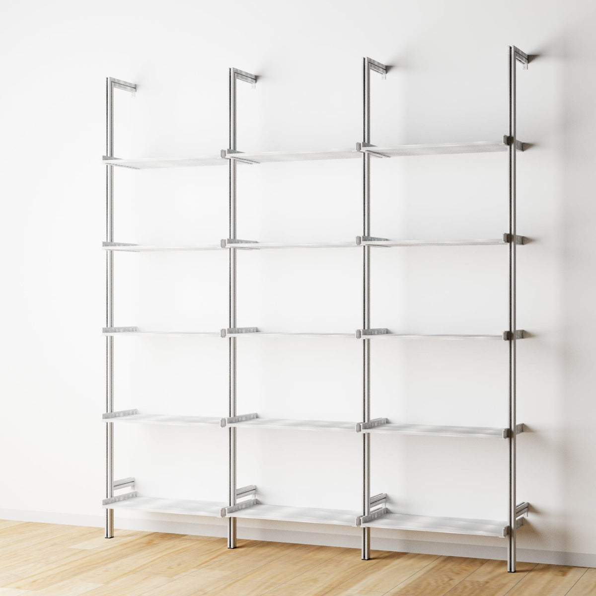Modular shelving extension with satin shelves and satin vertical post, three bays, 24-inch shelf width, shown with open shelf levels.